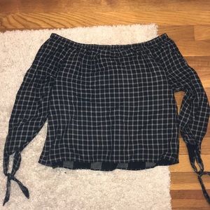 Madewell off the shoulder plaid top.